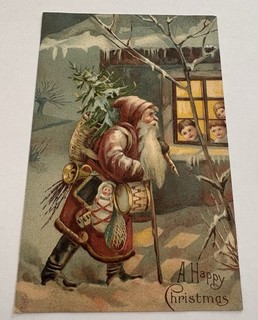 Cartolina di Natale Vintage Raffaello Tuck Babbo Natale passa davanti alla finestra