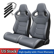 For Ford Pair Of Reclinable Bucket Racing Seats With Slider Rails Gray Pvc