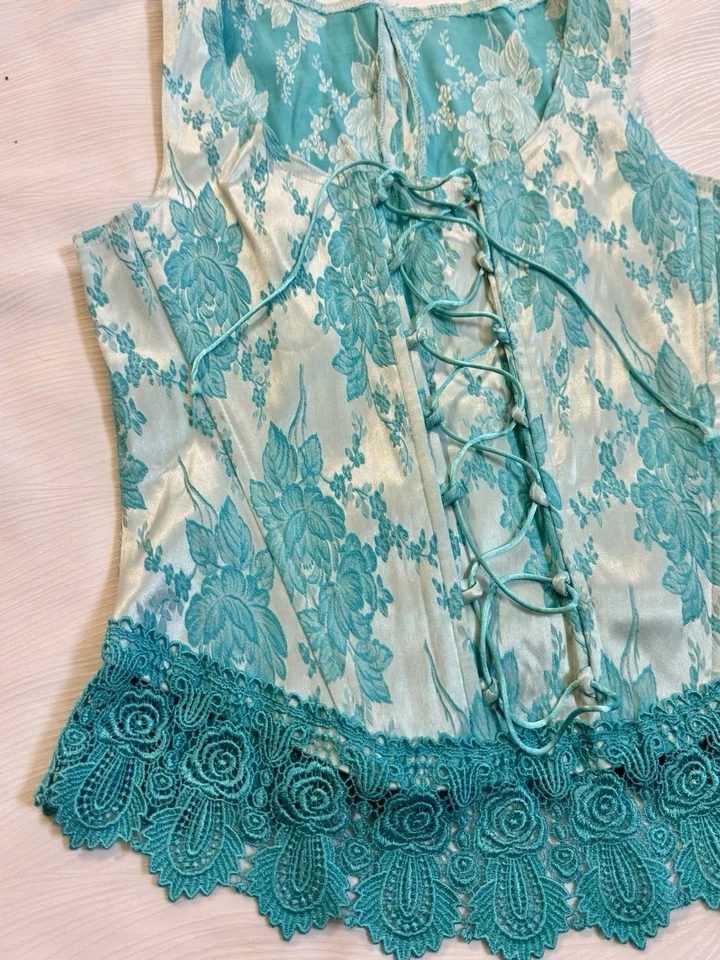 Corsé con cordones hecho a mano Aqua Brocado Top inspirado en colección sin mangas dobladillo de encaje S/M Foto 3 de 4