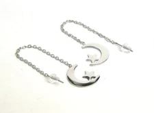 Threader Earrings Crescent Moon Star Stainless Surgical Steel Hypoallergenic