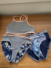 ATHLETA GIRL HIGH REVERSIBLE BIKINI TOP 2 BOTTOMS SIZE XL 14 STRIPED