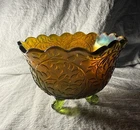 Antique Westmoreland Louisa, Iridescent Green, Three Footed Bowl Carnival Glass