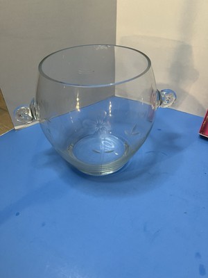 Crystal etched wine cooler/ice bucket/bowl, small handles, floral etching