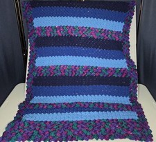 Afghan NEW Handmade Crochet 38"x 61" Fusc Purple/Multi Blue Strips Throw Blanket