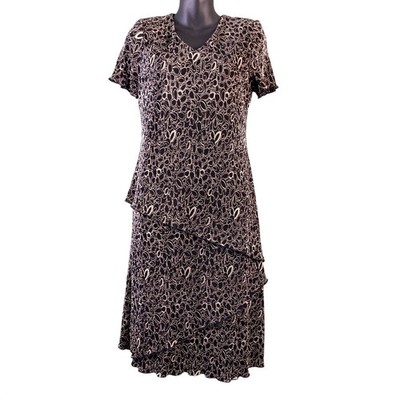 Connected Apparel Black Cream Tiered Midi Dress Short Sleeve V-Neck Size 8 Vtg