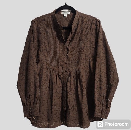 Coldwater Creek Top Blouse Women's P-Large Brown Burnout Lace Pintucked Bohemian