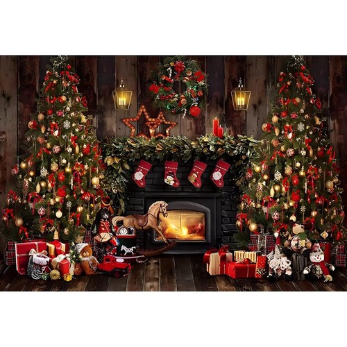 Christmas Fireplace Photography Backdrops Interior Xmas Tree Gifts PartyBackdrop - Picture 3 of 21
