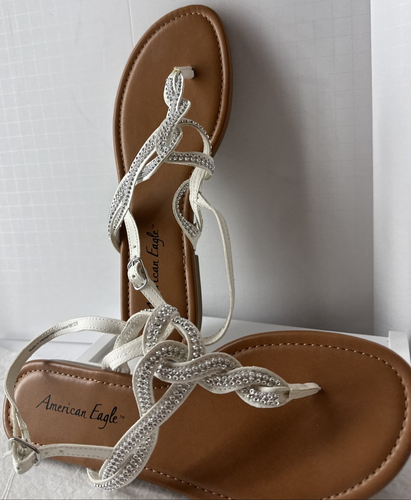American Eagle white braided rhinestone thong adjustable-strap Flat sandals 8