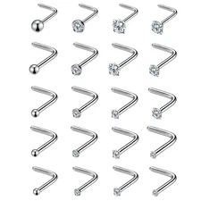 20pcs L-shaped CZ Nose Ring Studs Surgical Steel Body Piercing Jewelry 20G