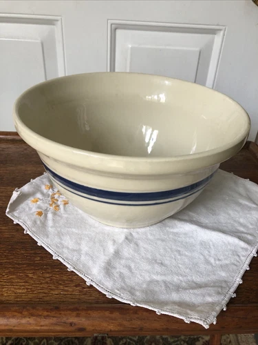 Vintage Roseville Friendship Pottery Ohio Blue Stripe 4 Qt Mixing Bowl USA - 10"