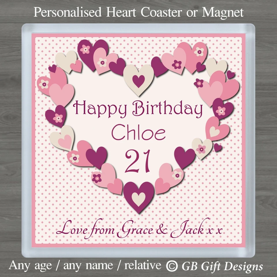 GB GIFT DESIGNS Personalised Pink Love Heart Coaster or Magnet Any Age & Name Birthday Gift