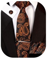 Men's Paisley Necktie and Pocket Square Cufflink Tie Clip Set Slim Ties Orang...