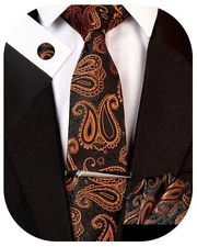 Men's Paisley Necktie and Pocket Square Cufflink Tie Clip Set Slim Ties Orang...