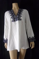 PRESTON YORK Blouse Shirt 12 white blue Lace trim Linen blend NWT