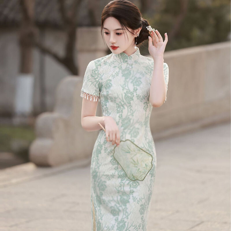 2024 Lady Floral Lace Qipao Dress Bodycon Slim Retro Party Chinese Style  Dress