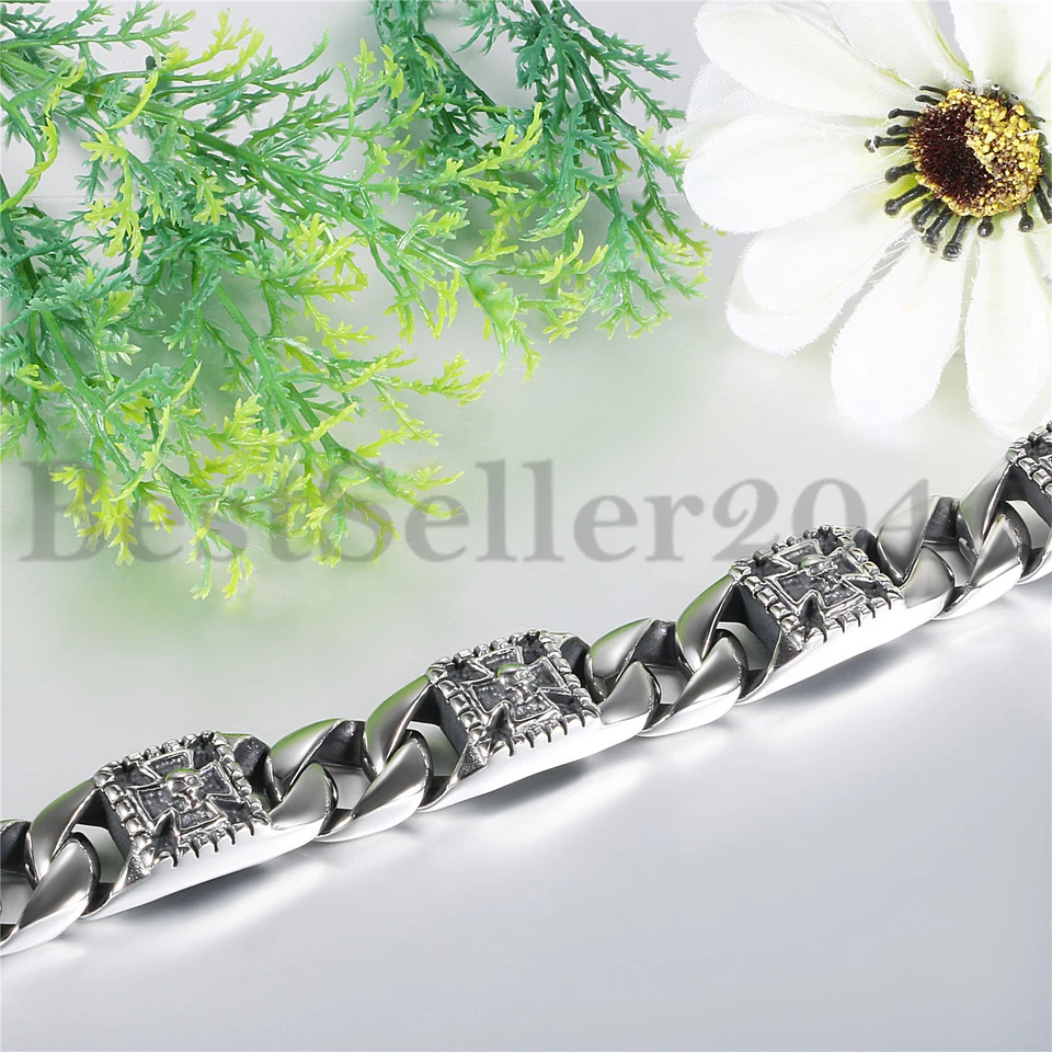 Brazalete cruzado calavera cadena bordillo cubano pesado para hombre brazalete de motociclista de acero inoxidable 8,7" Foto 4 de 4