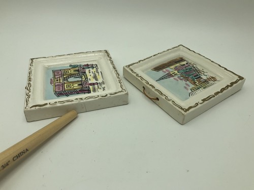 2Pc Vintage French Theme Wall Hanger Trivet Tile Ceramic 3-7/8" Square JAPAN H - Picture 4 of 6