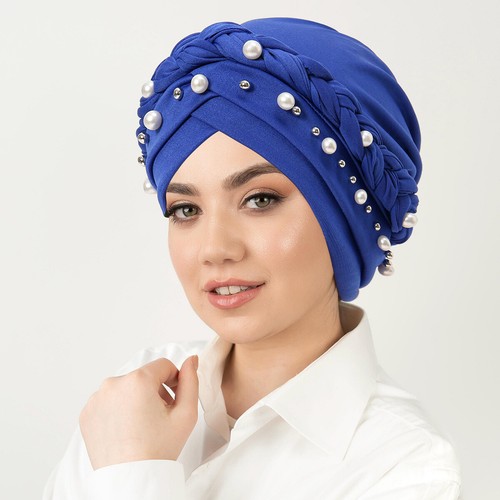 Damen Geflochten Zöpfe Perlen Stretch Turban Beanie Mütze Haar Stirnband Elastisch Kappe - Bild 8 von 17