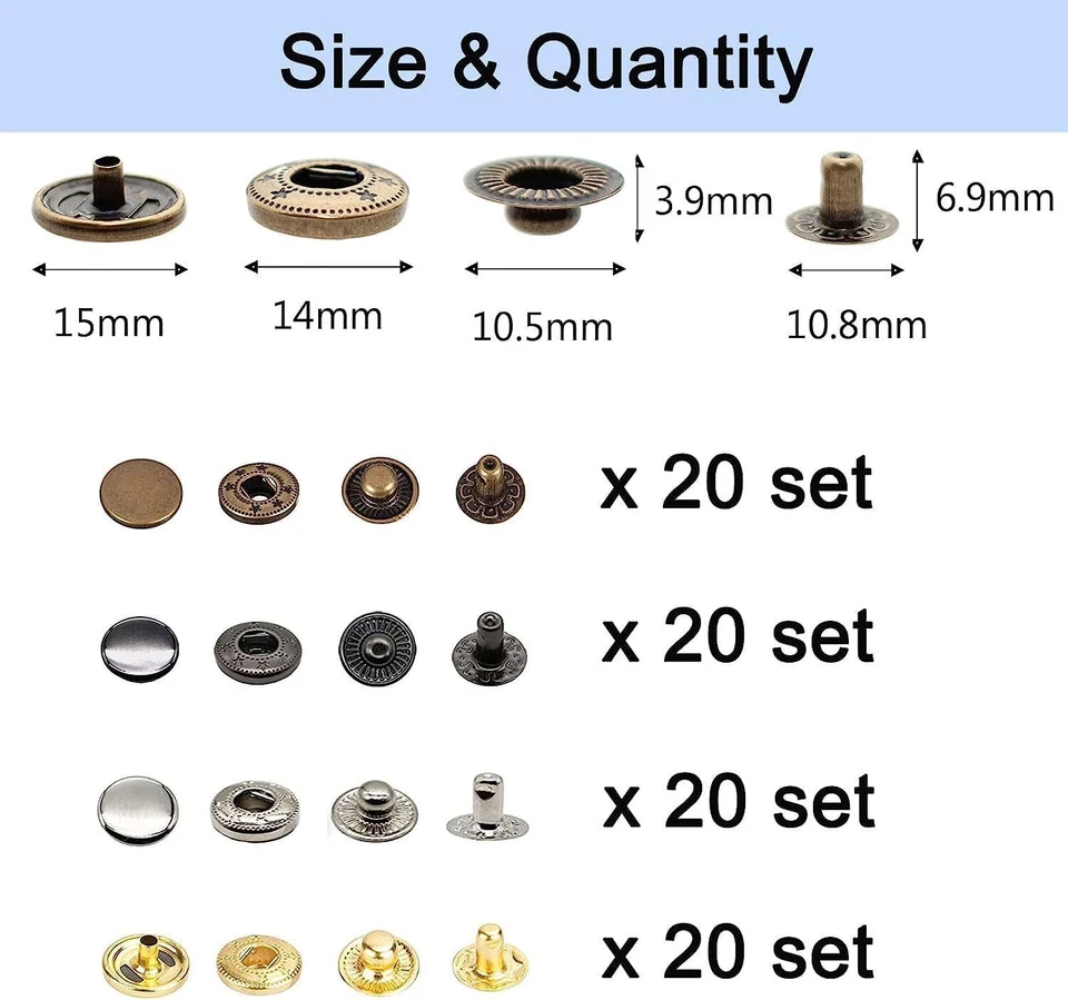 80 Sets Leather Snap Fasteners Kit 15mm Metal Snap Buttons Press Stud with 4Tool - Image 2 of 4