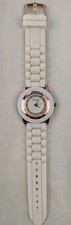 Geneva Analog Women's Wristwatch Rose Gold Tone White Silicone Band Rhinestone