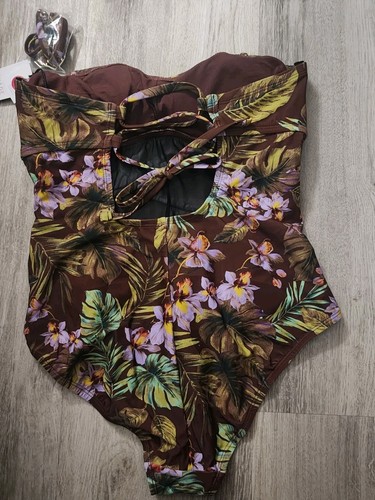 Womens Swim Suit 1pc. size M, 8/10 BROWN FLORAL, STRAPS, Slimming - Picture 3 of 13