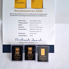 Bundesbarren 2026 Gold 999,9 0,155 g (1/2000 oz) Proof PP Set 3x