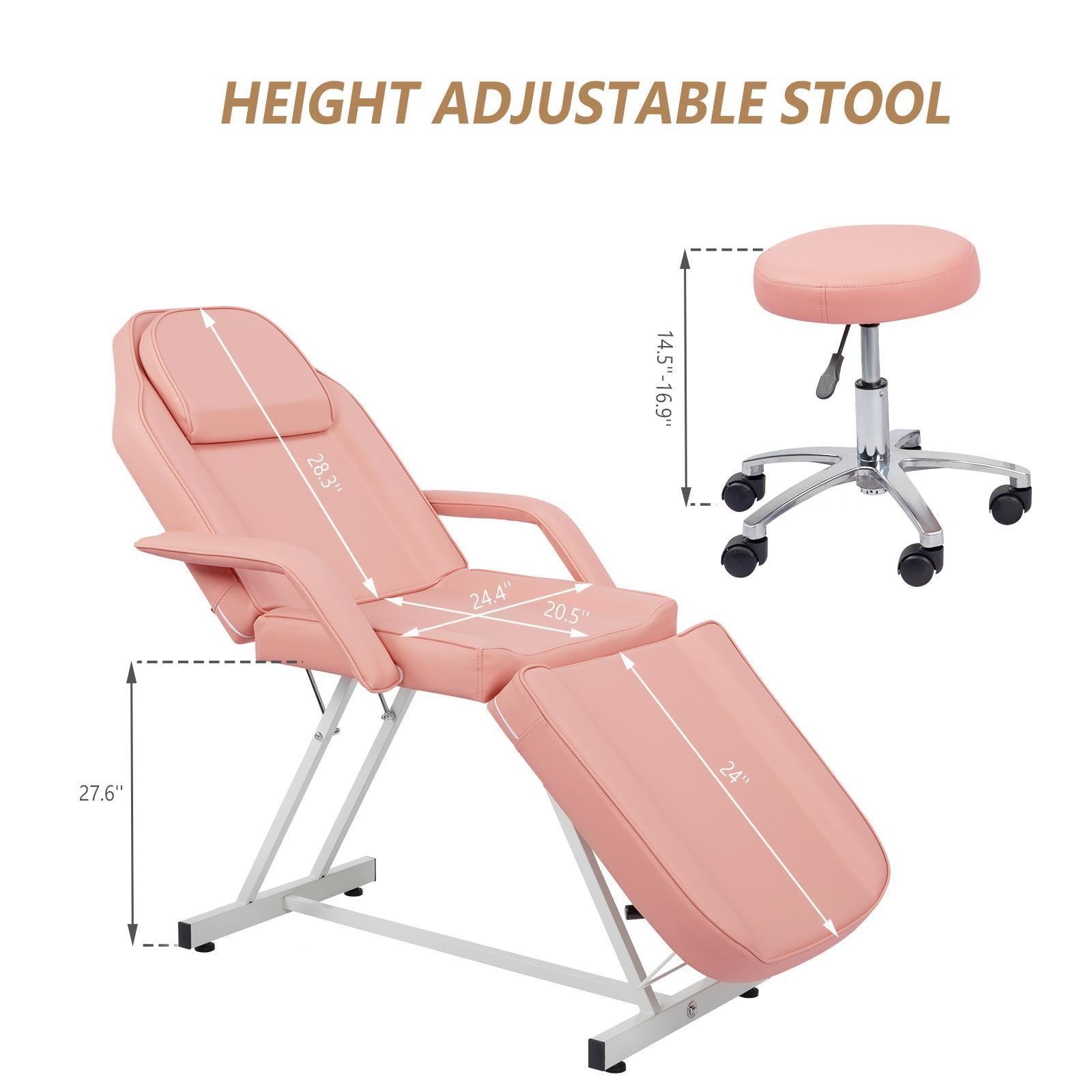 Adjustable Massage Table Tattoo Chair Spa Salon Facial Bed Chair With Stool Pink