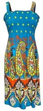 Women's Midi Exotic Smocked Teal Multicolor Spring Summer Dress Medium