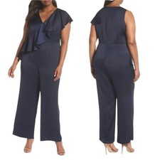 Eliza J Jumpsuit Wide Leg Ruffle Sleeve V Neck Satin Navy Blue New NWT 14