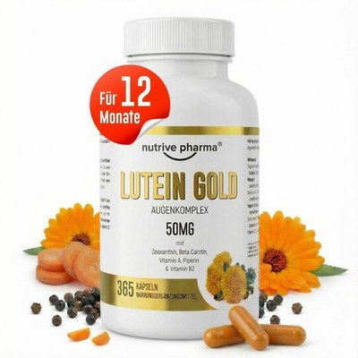 Lutein 50mg mit Zeaxanthin, Beta Carotin, Vitamin A & B2, Piperin | 365 Kapseln