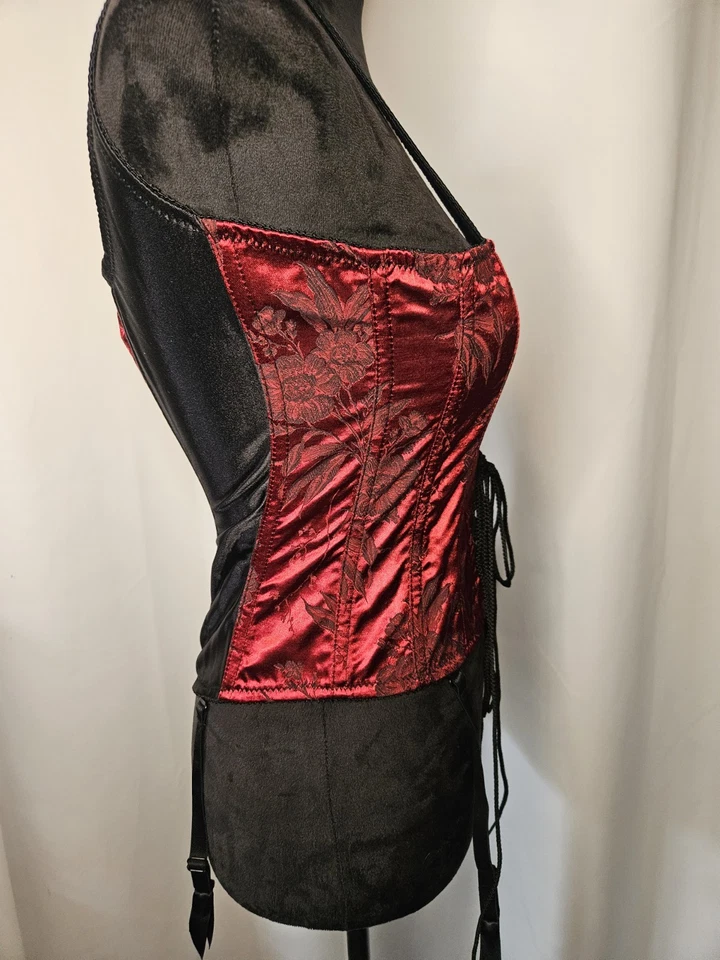 Vintage Y2K Victoria's Secret Black Red Floral Lace Up Corset Med Garter Straps - Image 4 of 4