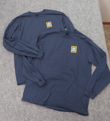 #ad Lot of 2 Aldi Gear Shirt Large Blue Rainbow Spellout Long Sleeve Crew Neck Logo $17.89