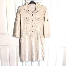 LOFT Small Khaki 1/2 Button Roll Tab Sleeve Elastic Waist Women's Dress Pockets