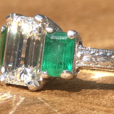 Philip Press Platinum 18k Renaissance Engagement Ring 2ct Diamond, Emerald Sides