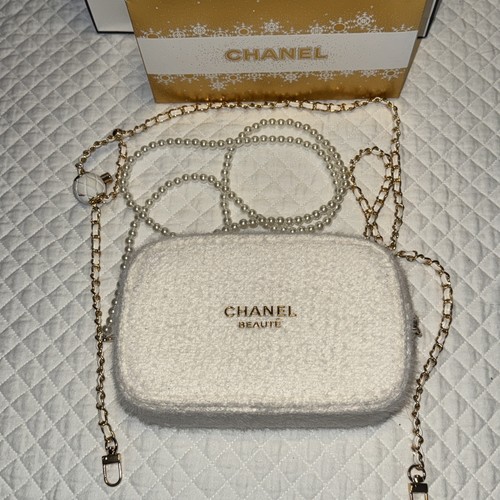 Chanel Beauty White Tweed Makeup Bag Holiday Gift Set 2024 Pouch Pearl Strap New - Picture 1 of 11