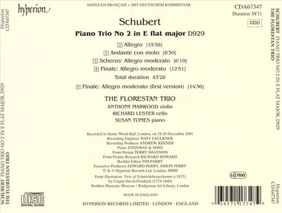 SCHUBERT: PIANO TRIO IN E FLAT MAJOR D 929 NEW CD