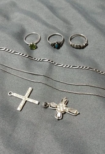 925 Silver Jewelry Lot VTG Turquoise Peridot Rings Cross Pendants Figaro Anklet