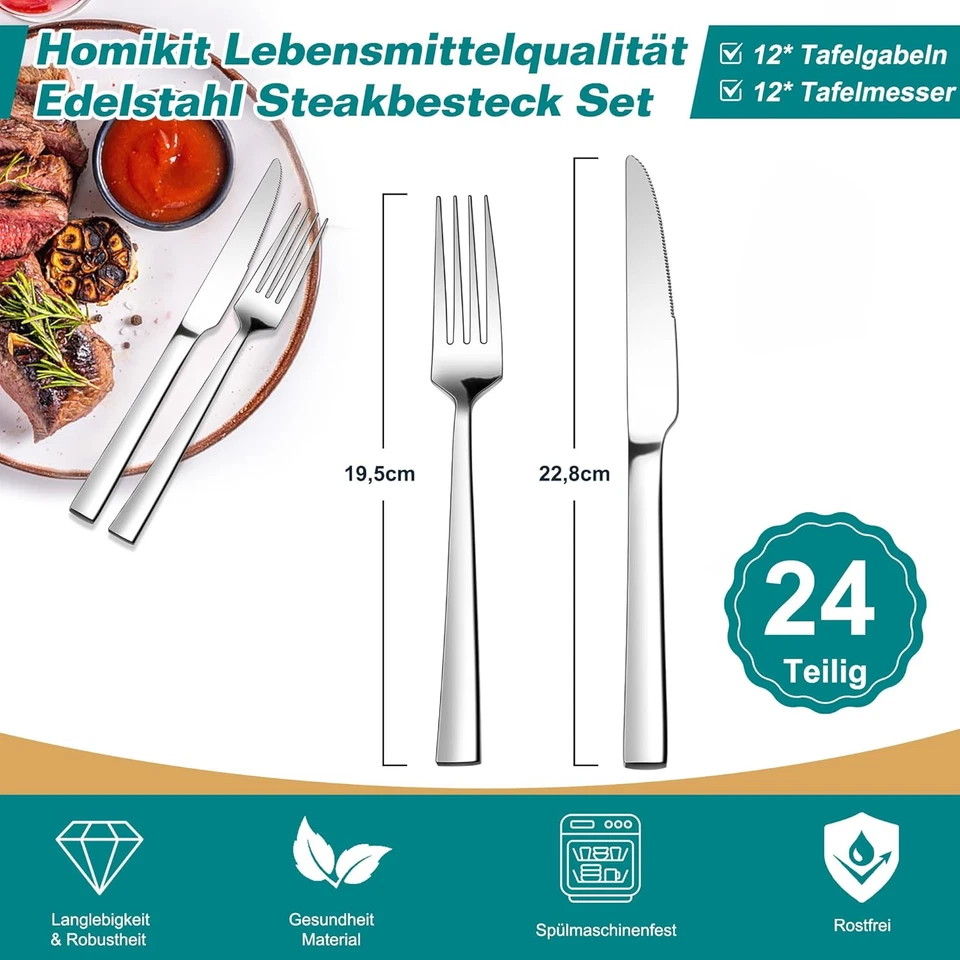 Steakbesteck Edelstahl 24st Messer Gabel 12 Personen spülmaschinenfest - Bild 2 von 4