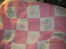 Antique vintage handmade embroidered quilt Victorian women flower basket lilly