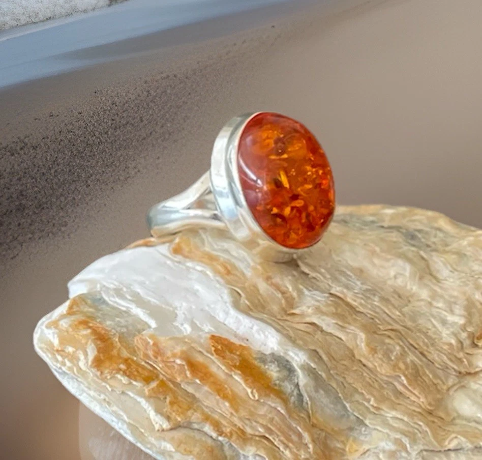 Anillo ámbar báltico talla 8 - chapado en plata de ley 925 - nuevo Foto 3 de 4