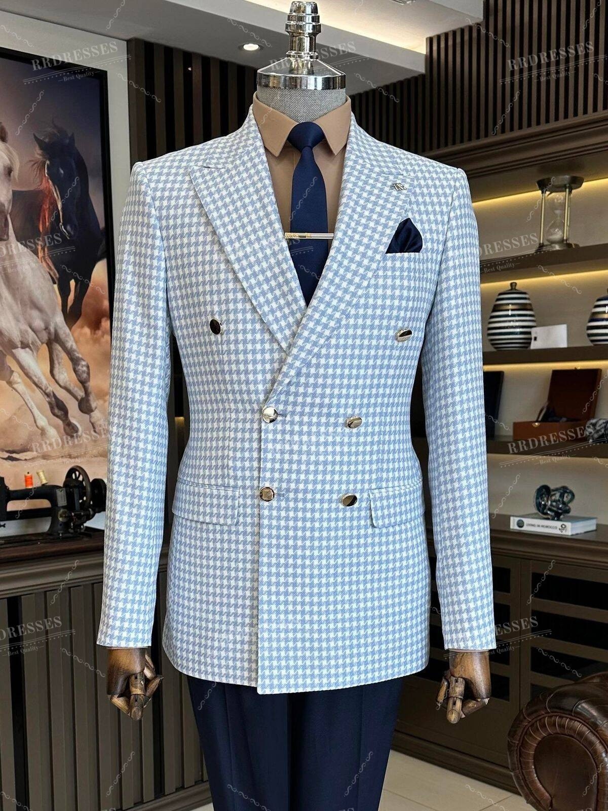 Houndstooth Men's Suit Peak Lapel Double Breasted 2Pcs Business Offical 2Pcs