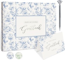 9x7 inches, 144 Pages, Blue Floral Wedding Guest Book with Pen Table Sign