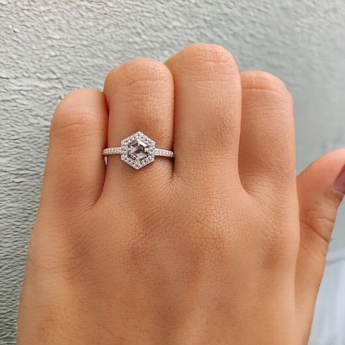 0.39 Ct Hexagon Salt And Pepper Diamond Ring 14K White Gold Engagement Gift Ring - Picture 7 of 9
