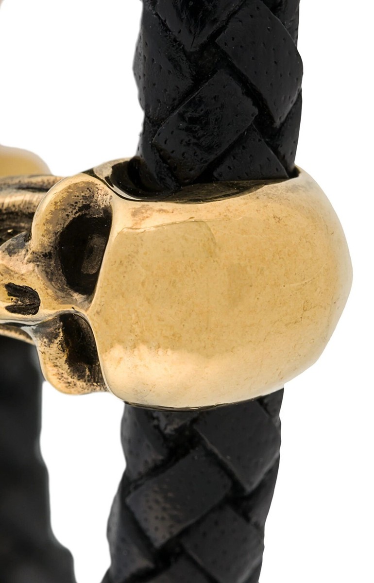 ALEXANDER McQUEEN 'Skull Braided Leather Bracelet' Blk/Gold