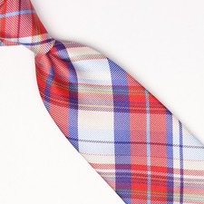 John G Hardy Mens Silk Necktie Red White Blue Tartan Plaid Weave Woven Tie Italy