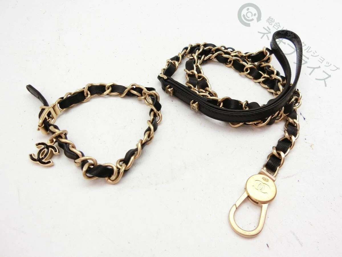 CHANEL Coco Mark Chain Dog Collar 27cm & Chain Dog Leash 108cm 06P W/Box