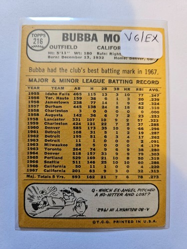 1968 TOPPS BUBBA MORTON #216 VG/EX COMBINED SHIPPING - Picture 2 of 2