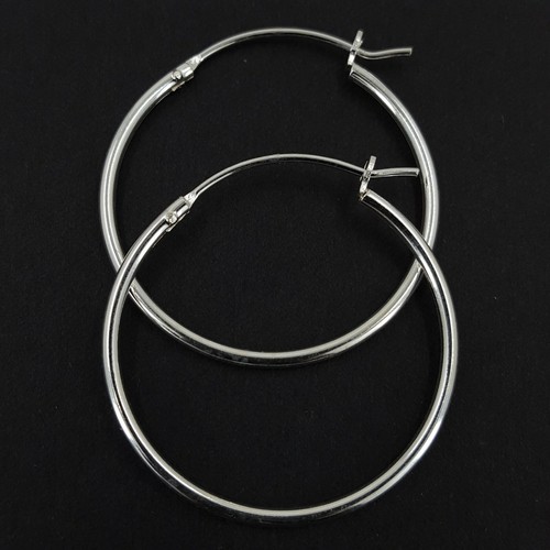 925 Sterling Silver Hoop Earrings Plain Round Thin 1.5mm x 30mm Snap Closure - Picture 5 of 10