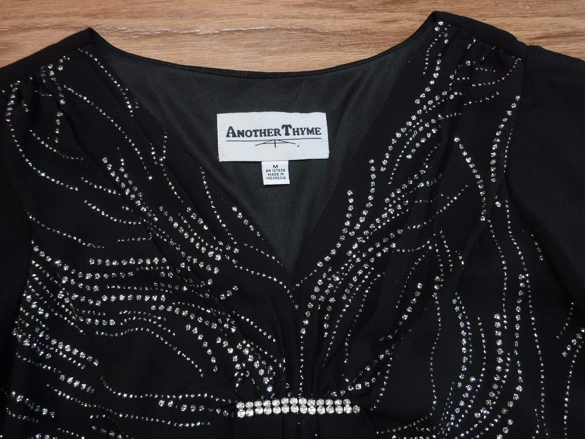 Another Thyme Shiny Silver Metallic on Black Short Sleeve Blouse