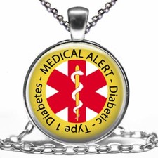 Diabetic Type 1 Diabetes Medical Alert Necklace Glass Top Pendant Chain